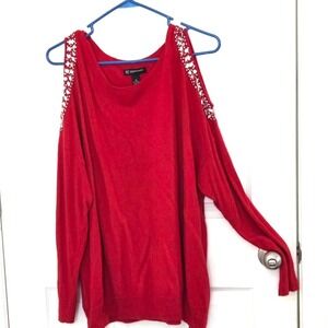 INC‎ International Concepts Red Jeweled Cold-Shoulder Knit Sweater Size 2XL
